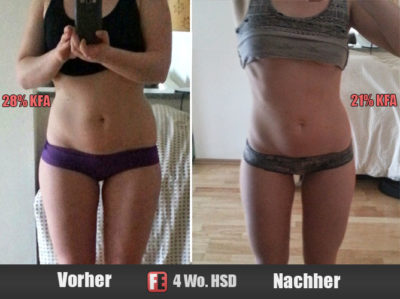Sarah Vorher-Nachher — Von 28% auf 21% KFA. Kraftwerte sogar leicht gesteigert!